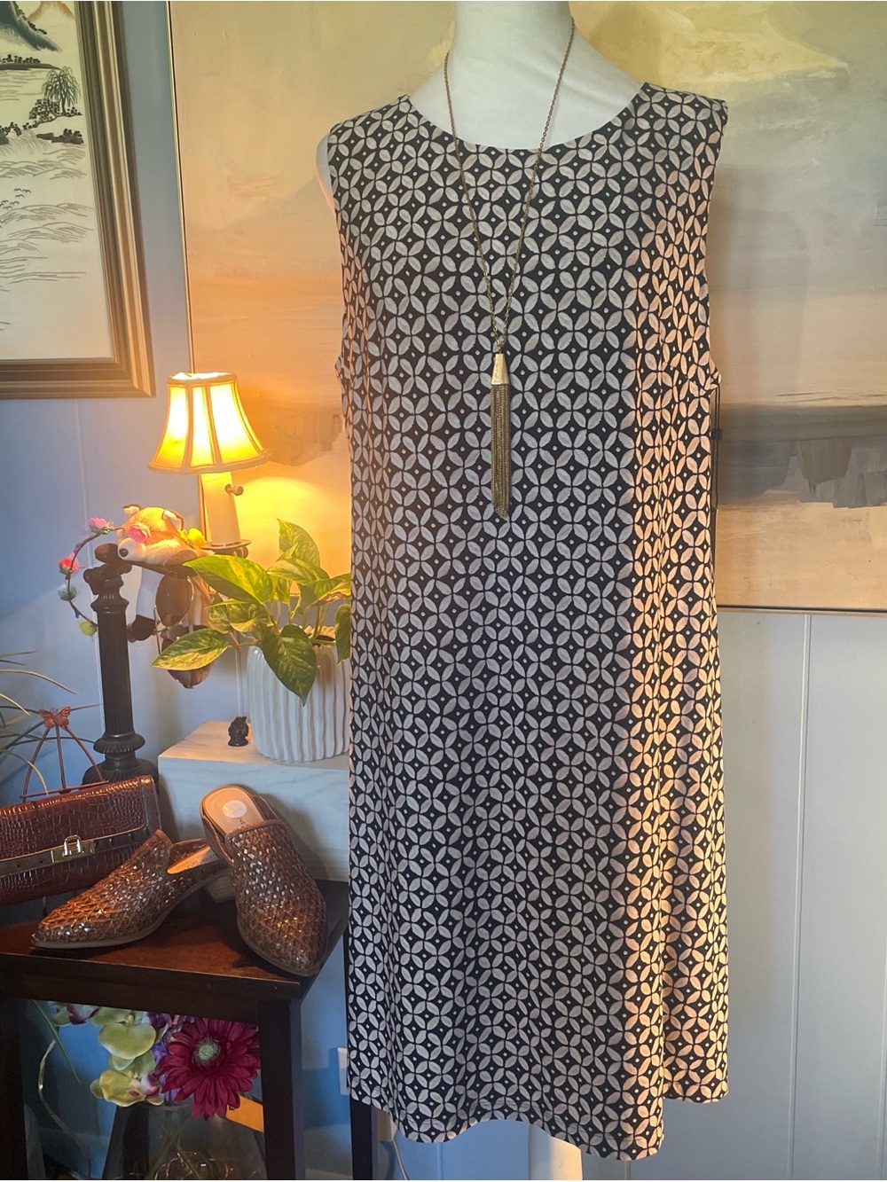 Tommy Hilfiger Black & Cream Geometric Sleeveless Midi Dress
